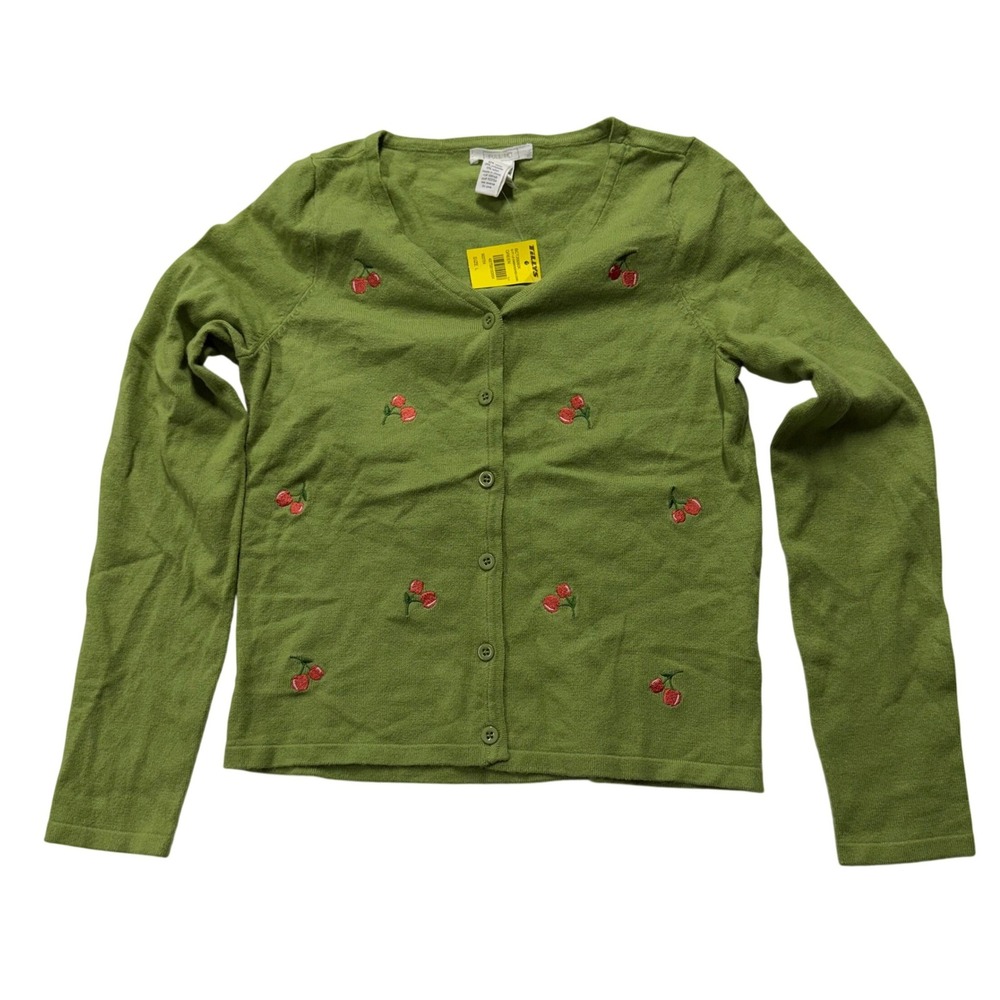 Full Tilt Green Cherry Embroidered V-Neck Button Front Cardigan Size L